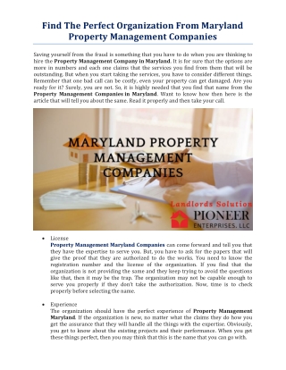 Find the Perfect Organization From Maryland Property Management Companies