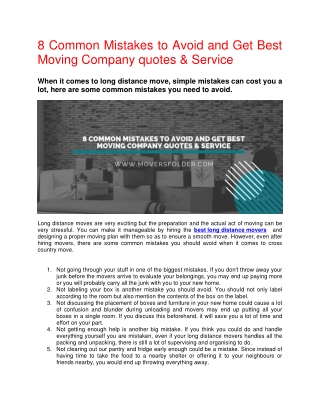 8 Common Mistakes to Avoid and Get Best Moving Company quotes & Service