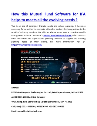 How this Mutual Fund Software for IFA helps to meets all the evolving needs ?