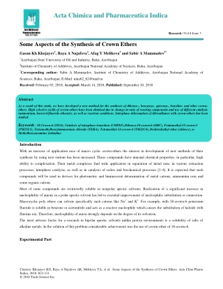 Some Aspects of the Synthesis of Crown Ethers