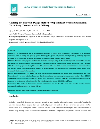 Applying the Factorial Design Method to Optimize Eberconazole Niosomal Gel as Drug Carriers for Skin Delivery