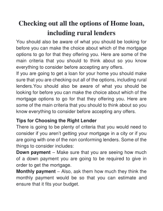 Checking out all the options of Home loan , including rural lenders