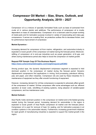 Compressor Oil Market – Size, Share, Outlook, and Opportunity Analysis, 2019 – 2027