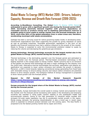 Global Waste To Energy (WTE) Market : Analysis And Opportunity Assessment 2019-2025