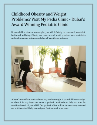 Childhood Obesity and Weight Problems? Visit My Pedia Clinic - Dubai’s Award Winning Pediatric Clinic