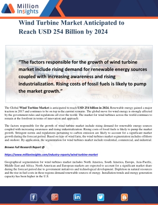 Wind Turbine Market Anticipated to Reach USD 254 Billion by 2024