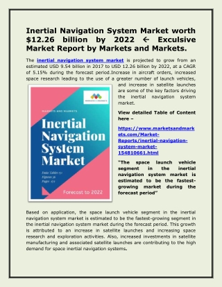 Inertial Navigation System Market worth $12.26 billion by 2022  Exclusive Market Report by Markets and Markets.