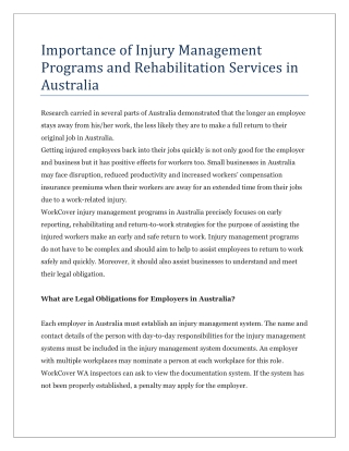 Importance of Injury Management Programs and Rehabilitation Services in Australia