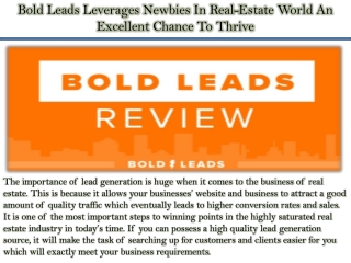 Bold Leads Leverages Newbies In Real-Estate World An Excellent Chance To Thrive