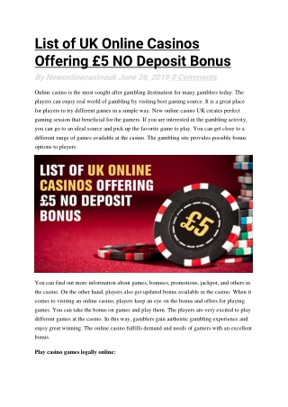 List of UK Online Casinos Offering £5 NO Deposit Bonus