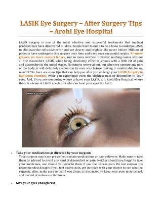 LASIK Eye Surgery – After Surgery Tips - Arohi Eye Hospital