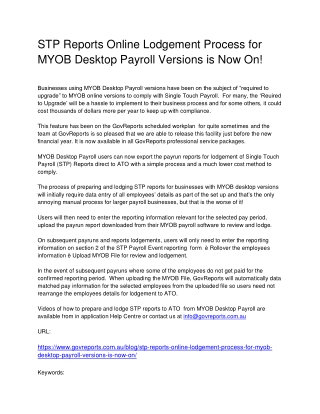STP Reports Online Lodgement Process for MYOB Desktop Payroll Versions is Now On!