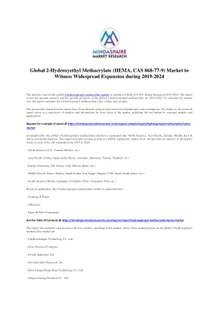 Global 2-Hydroxyethyl Methacrylate (HEMA, CAS 868-77-9) Market to Witness Widespread Expansion during 2019-2024