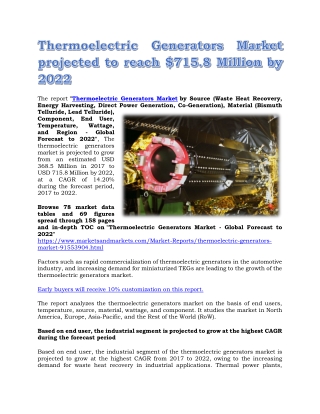 Thermoelectric Generators Market projected to reach $715.8 Million by 2022