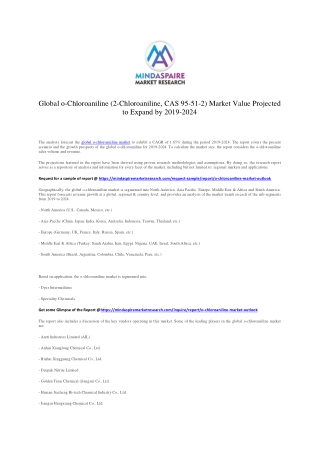 Global ‎o-Chloroaniline (2-Chloroaniline, CAS 95-51-2) Market Value Projected to Expand by 2019-2024