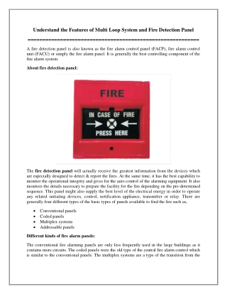 Understand the Features of Multi Loop System and Fire Detection Panel