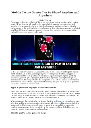 Mobile Casino Games Can Be Played Anytime and Anywhere