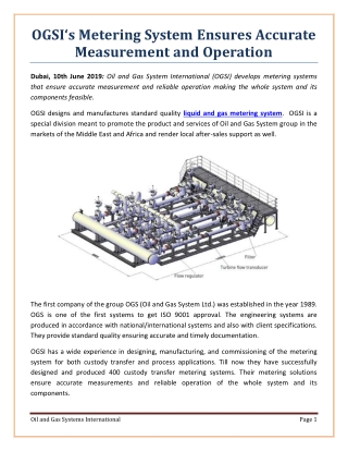 OGSI‘s Metering System Ensures Accurate Measurement and Operation