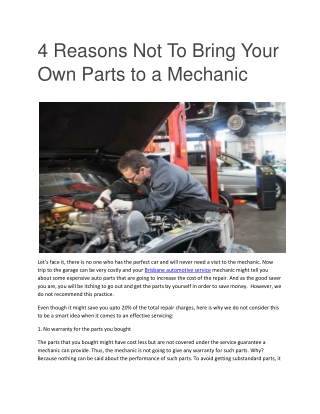 4 Reasons Not To Bring Your Own Parts to a Mechanic