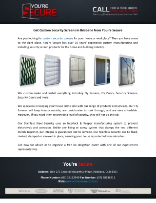 Get Custom Security Screens in Brisbane from You're Secure