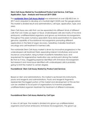 Stem Cell Assay Market by Foundational Product and Service, Cell Type, Application, Type - Analysis and Forecast 2019-20