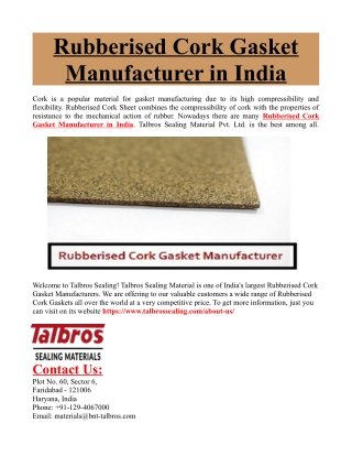 Rubberised Cork Gasket Manufacturer in India