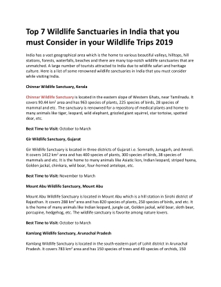 Top 7 Wildlife Sanctuaries in India that you must Consider in your Wildlife Trips 2019