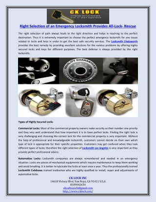 Right Selection of an Emergency Locksmith Provides All-Lock- Rescue