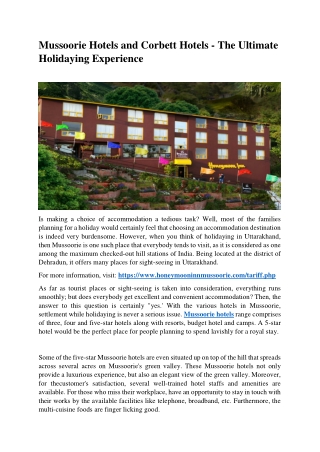 Mussoorie Hotels and Corbett Hotels - The Ultimate Holidaying Experience