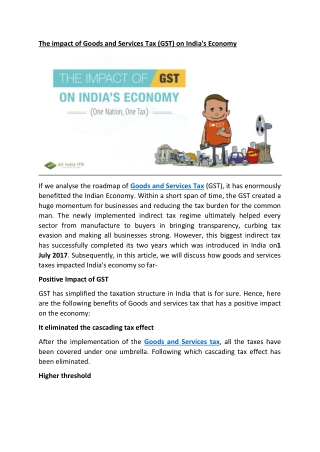 The impact of Goods and Services Tax (GST) on India's Economy