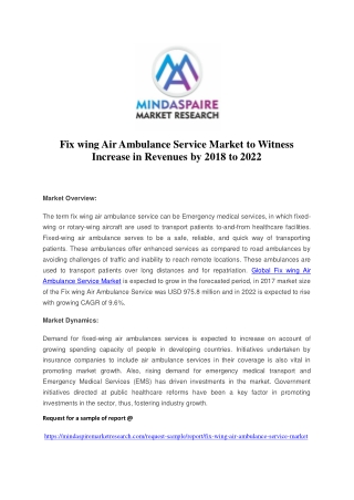 Fix wing Air Ambulance Service Market to Witness Increase in Revenues by 2018 to 2022