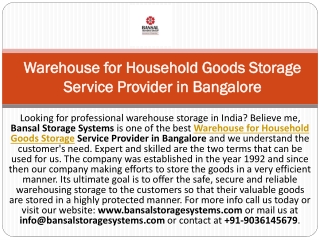 Warehouse for Household Goods Storage Service Provider in Bangalore