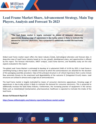 Lead Frame Market Share, Advancement Strategy, Main Top Players, Analysis and Forecast To 2023