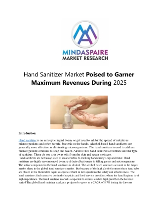 Hand Sanitizer Market Poised to Garner Maximum Revenues During 2025