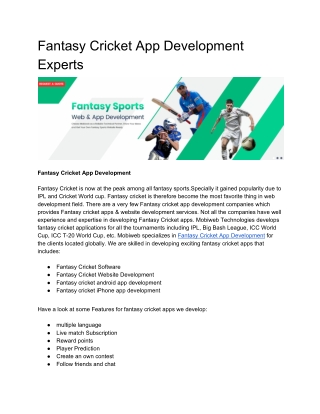 Fantasy Cricket App Development Experts