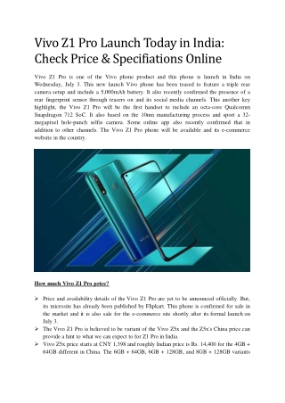 Vivo Z1 Pro Launch Set in India Today: 3 July 2019