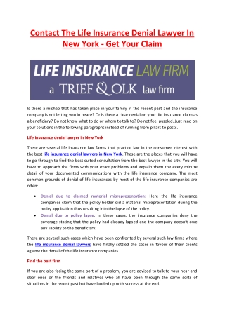 Contact The Life Insurance Denial Lawyer In New York - Get Your Claim