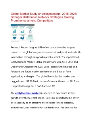 Global Acetylacetone Market to Record CAGR of 4% Rise in Growth by 2028