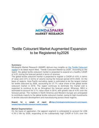 Textile Colourant Market Augmented Expansion to be Registered by2026