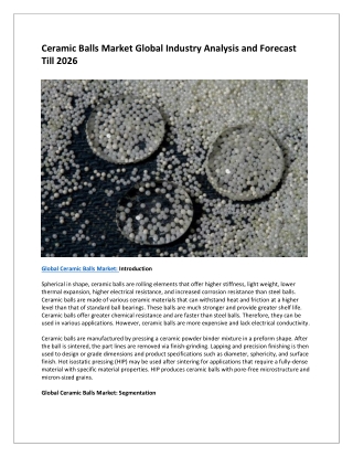 Ceramic Balls Market Comprehensive Industry Report Offers Forecast and Analysis on 2018-2026