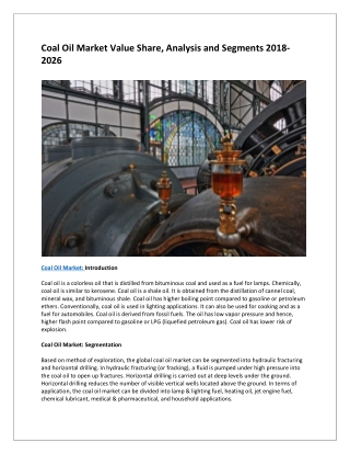 Coal Oil Market Estimated to Experience a Hike in Growth by 2026