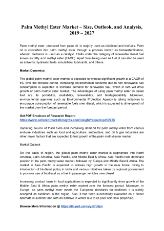 Palm Methyl Ester Market – Size, Outlook, and Analysis, 2019 – 2027