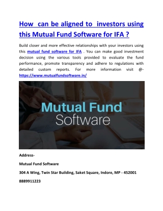 How you can be aligned to your investors using this Mutual Fund Software for IFA ?