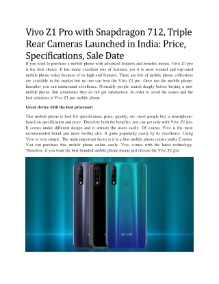 Vivo Z1 Pro with Snapdragon 712, Triple Rear Cameras Launched in India: Price, Specifications, Sale Date