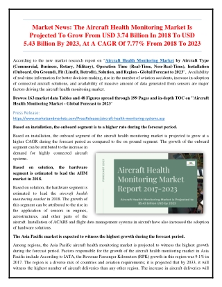 Aircraft Health Monitoring Systems Market | AHM market | Players & Forecast Analysis till 2023