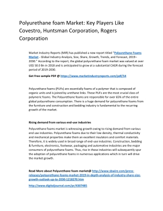 Polyurethane foams Market: Key Aspects of the Industry with the details of Influence Factors