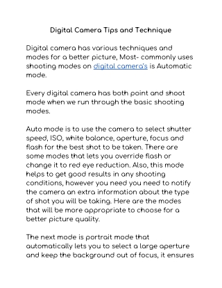 Digital Camera Tips and Technique
