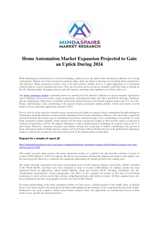 Home Automation Market Expansion Projected to Gain an Uptick During 2024