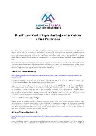 Hand Dryers Market Expansion Projected to Gain an Uptick During 2020