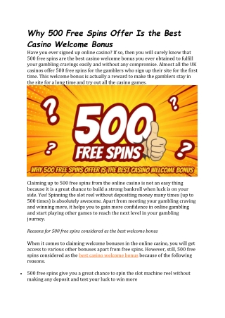 Why 500 Free Spins Offer Is the Best Casino Welcome Bonus